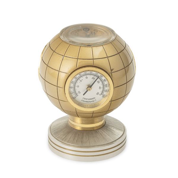 Orologio da tavolo a forma di sfera con funzione di bussola, igrometro e termometro, quadrante argentè soleil con piccoli secondi al sei, carica manuale, 9,9x6,4 cm