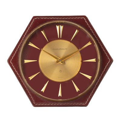 Orologio da tavolo esagonale in ottone e pelle con quadrante bitonale champagne e porpora