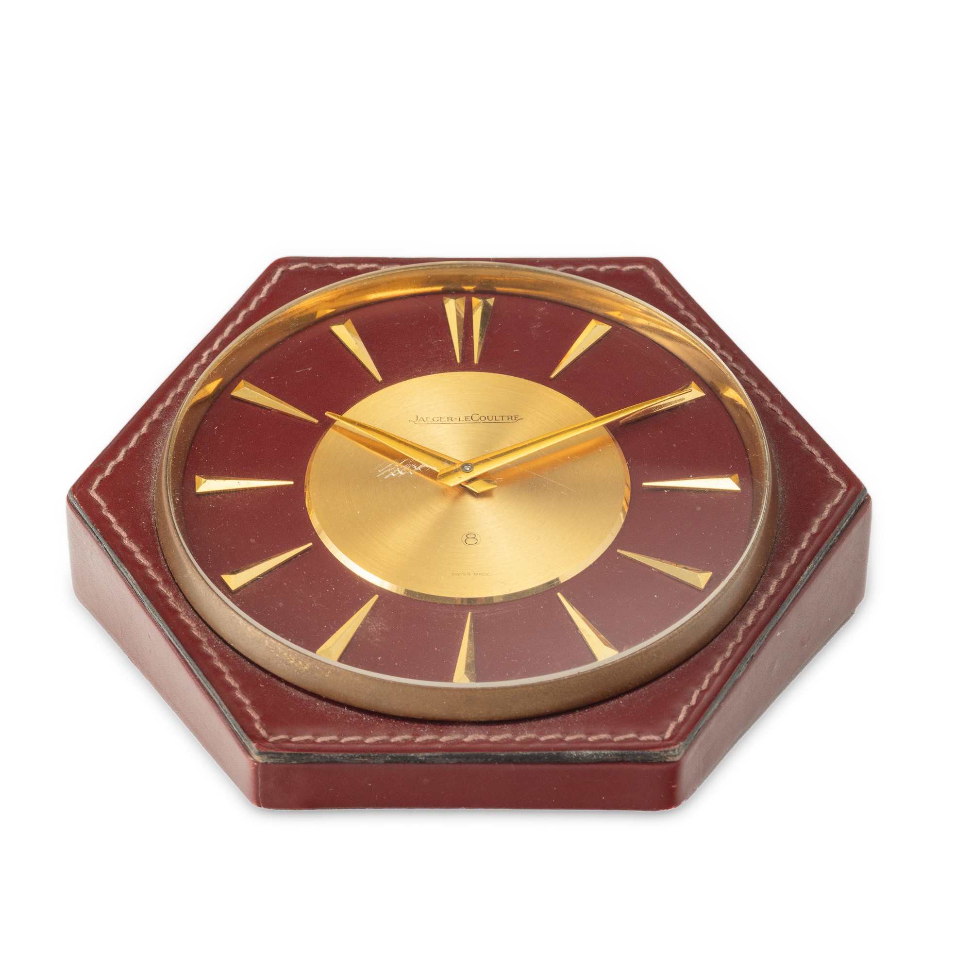 Jaeger-lecoultre - Orologio da tavolo esagonale in ottone e pelle con quadrante bitonale champagn...