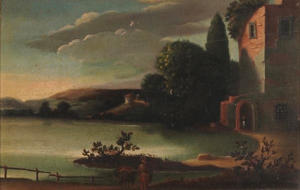 Scuola della fine del XVIII secolo Paesaggio fluviale con architetture e viandante