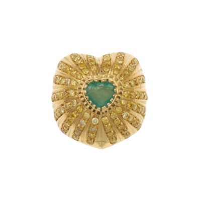 Anello con smeraldo a taglio cuore e diamanti fancy, montatura in oro giallo 750/1000