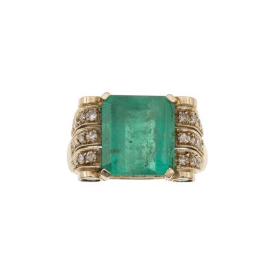 Anello, smeraldo, piccoli diamanti, oro bianco 750/1000