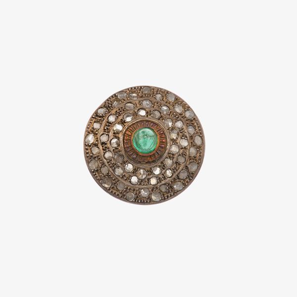 Emerald, rose-cut diamond, gold and silver ring