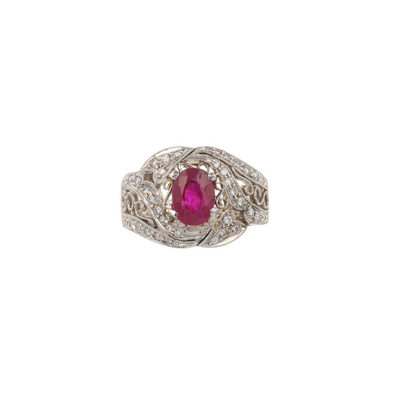 Ruby, diamond and gold ring  - Auction Jewellery, silverware, furnishings, and objets d'art. A charitable bequest. - I - Cambi Casa d'Aste