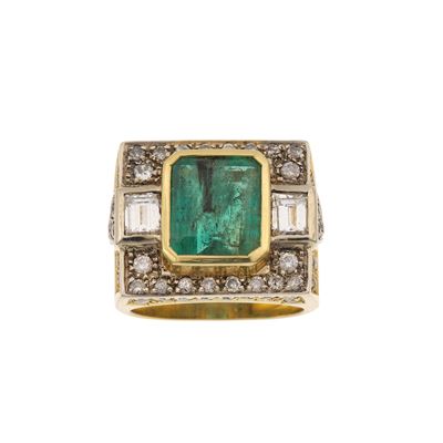 Anello in oro bianco e oro giallo 750/1000 con smeraldo colombiano e diamanti