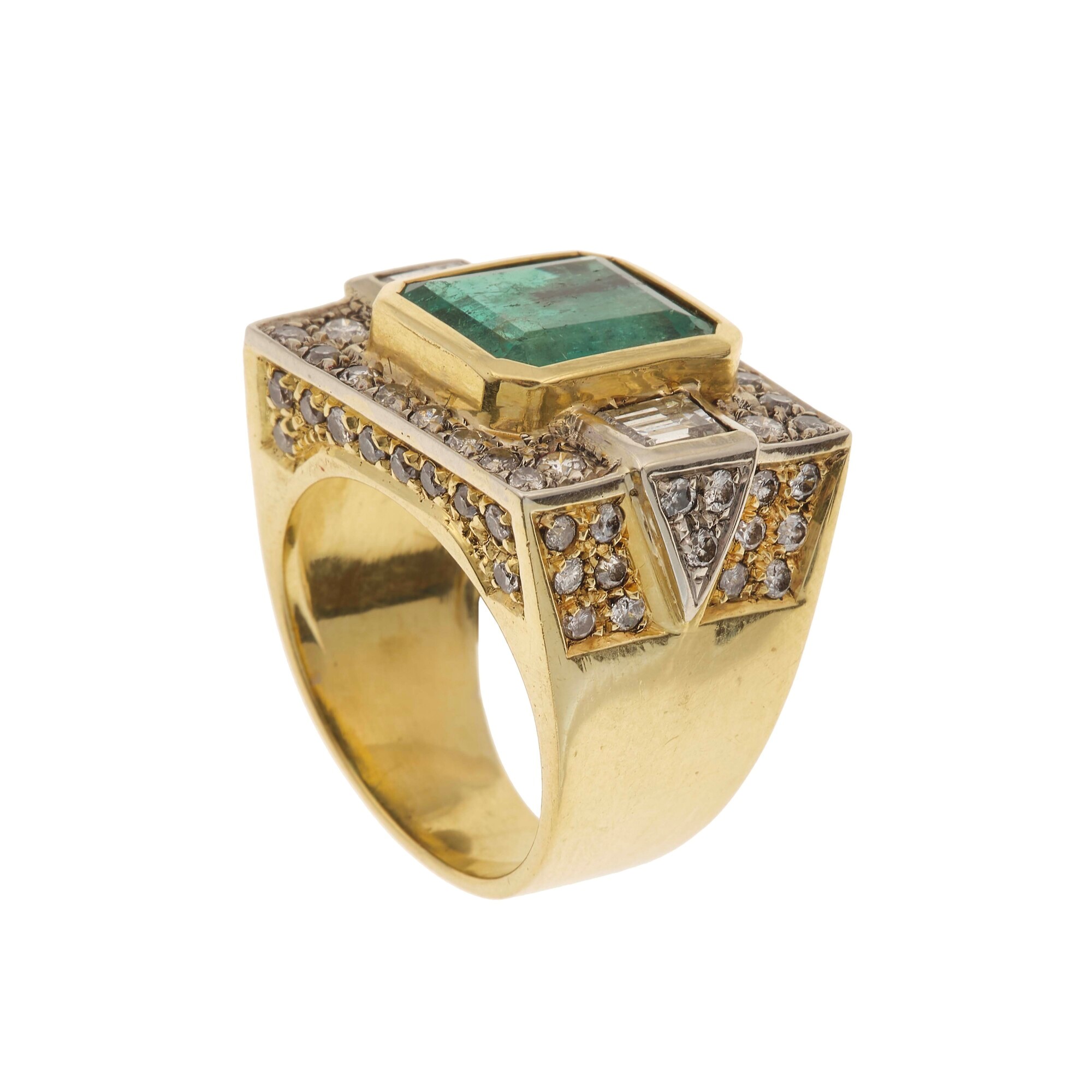 Anello in oro bianco e oro giallo 750/1000 con smeraldo colombiano e diamanti