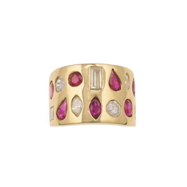 Anello a fascia con diamanti e rubini
