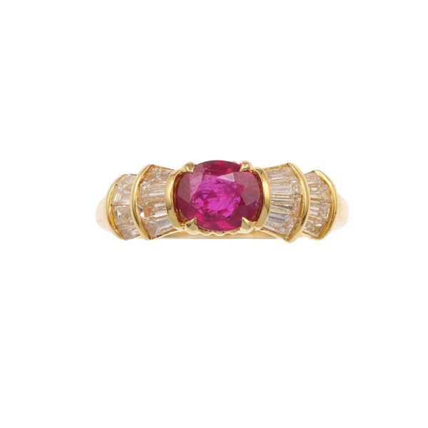 Ruby, diamond and gold ring. Signed A. Reza with French assay and workshop marks