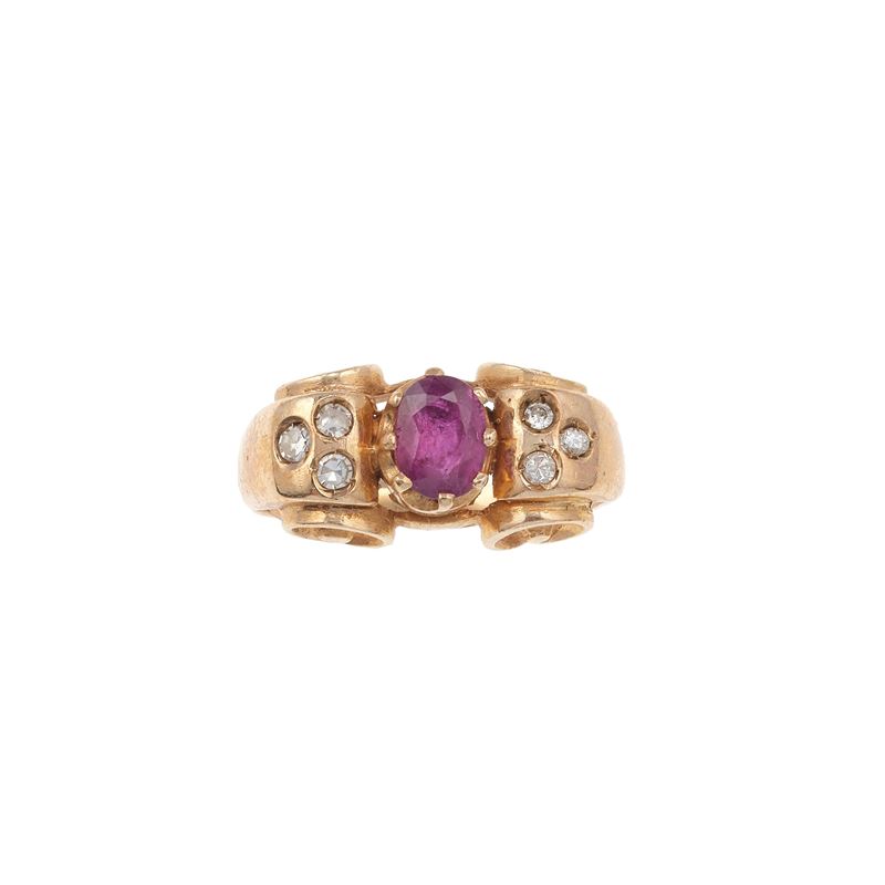 Ruby, diamond and low karat gold ring  - Auction Jewellery, silverware, furnishings, and objets d'art. A charitable bequest. - I - Cambi Casa d'Aste