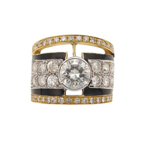 Brilliant-cut diamond, enamel and gold ring