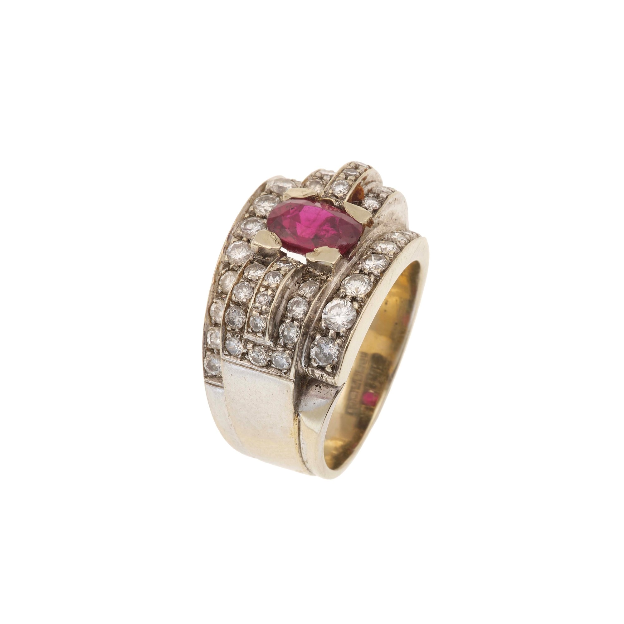 Anello in oro bianco 750/1000 con diamanti e rubino trattato