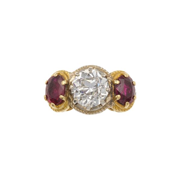 Old-cut diamond, treatment ruby and gold ring
