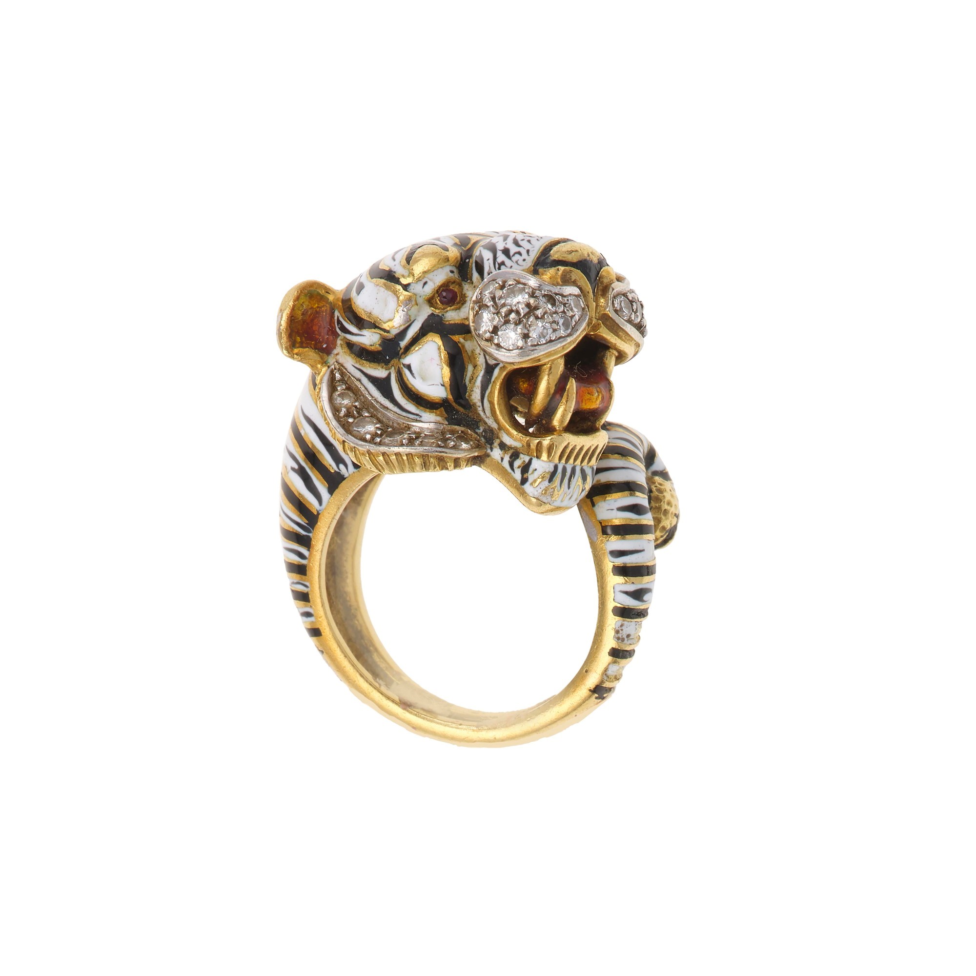 Anello “tigre”, smalti policromi e diamanti, oro giallo 750/1000