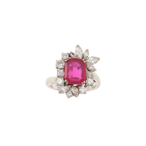 Synthetic ruby, diamond and gold ring