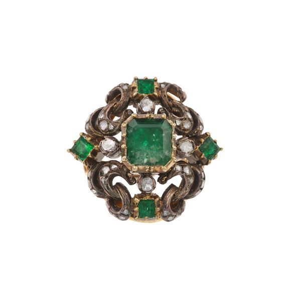 Emerald, rose-cut diamond, gold and silver ring