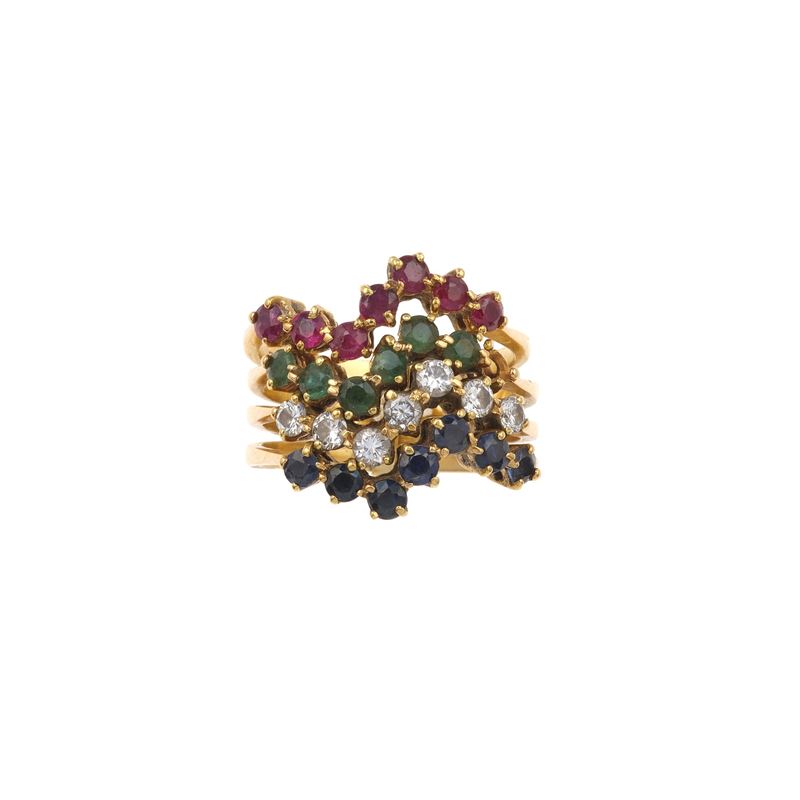 Ruby, emerald, sapphire, diamond and gold ring  - Auction Jewellery, silverware, furnishings, and objets d'art. A charitable bequest. - I - Cambi Casa d'Aste