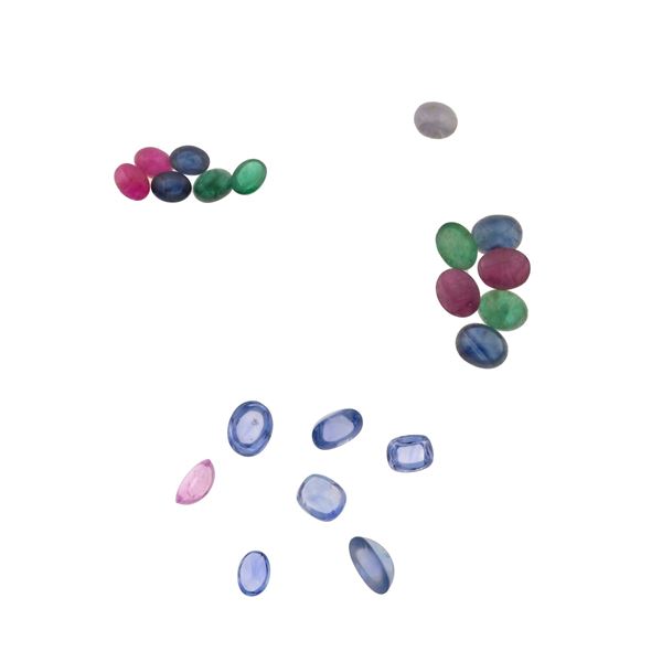 Collection of unmounted sapphires rubies, emeralds, of various shapes and treatments, with a total weight of approximately 55.00 carats