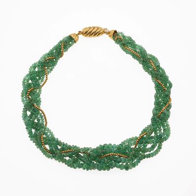 Collana con treccia di smeraldi ed inserti in oro giallo 750/1000