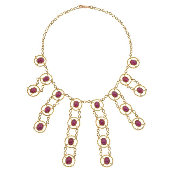 Treatment ruby, diamond and gold necklace