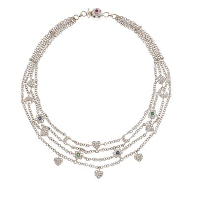 Montatura in oro bianco 750/1000, Collana con inserti di piccoli diamanti, smeraldi e zaffiri