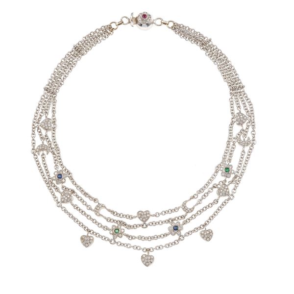 Diamond, emerald, sapphire and gold necklace