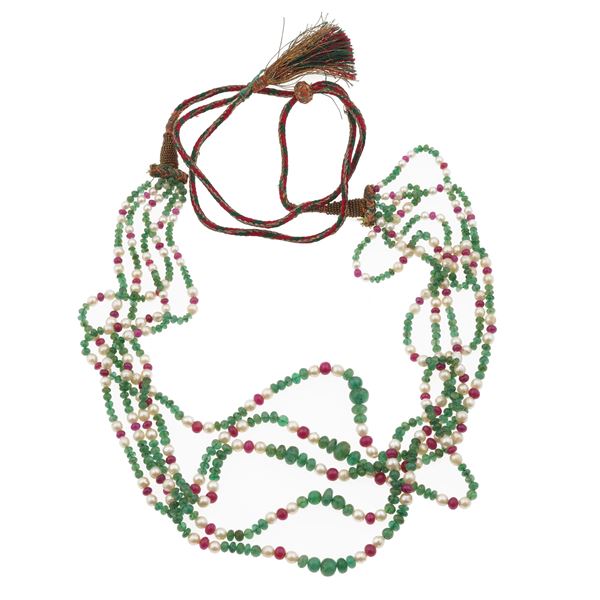 Five strand of emerald, ruby and cultured pearl necklace
