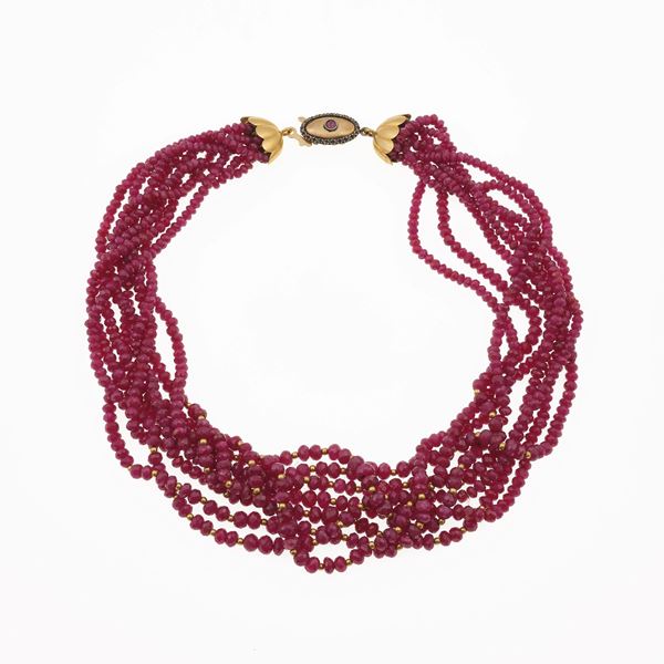 Multi-strand ruby, gold and silver necklace