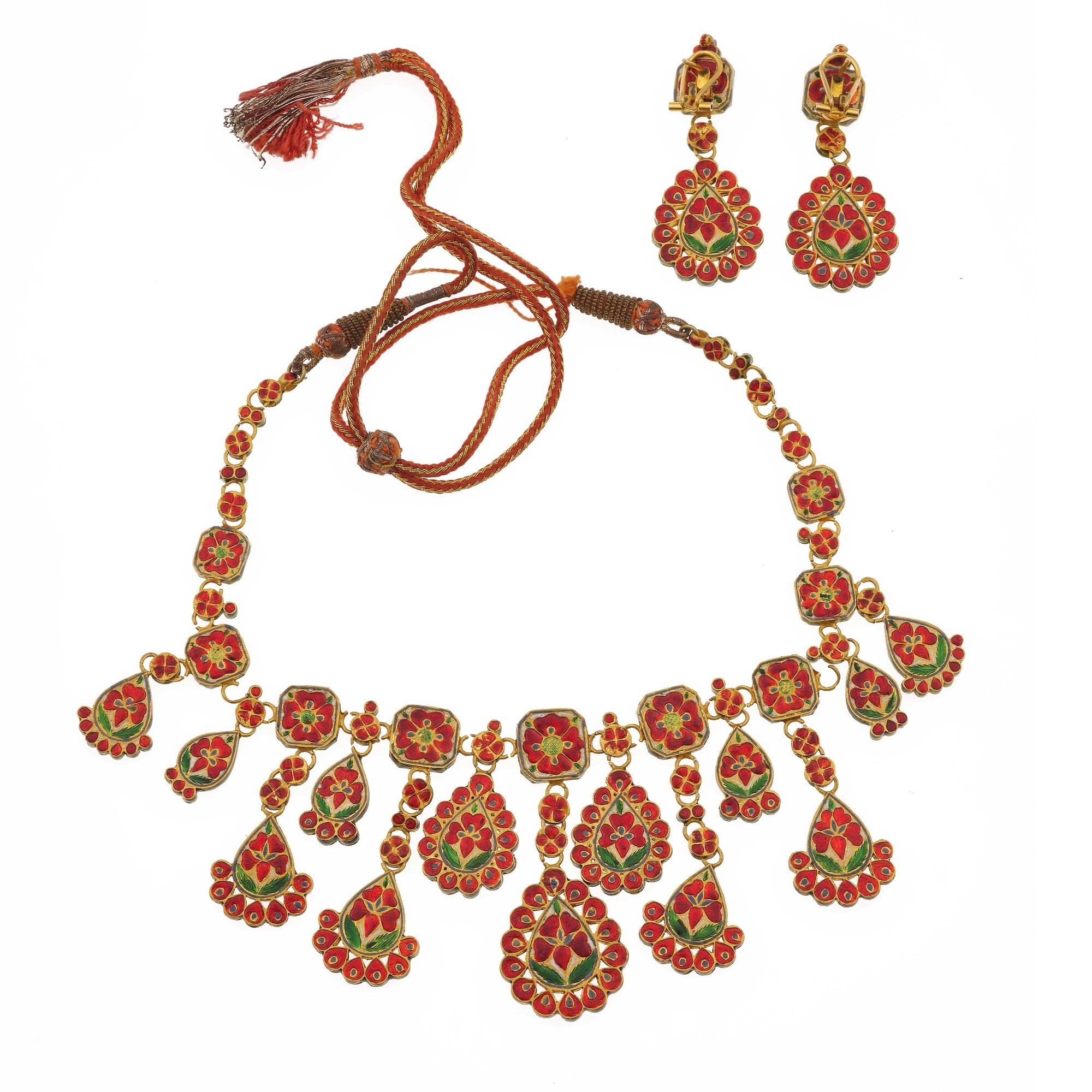 Demi-parure, Collana e orecchini in metallo dorato con tormaline, flat diamond e smalti policromi