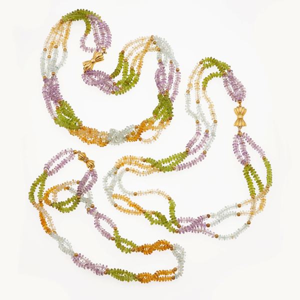 Three multicolor quartz and gold necklaces