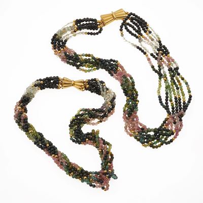 Due collane con tormaline multicolor in oro giallo 750/1000