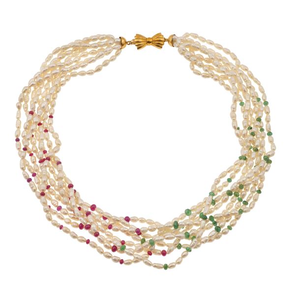 Freshwater pearl, ruby, emerald and gold necklace