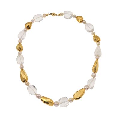 Collana, cristallo di rocca e perle coltivate in montatura in oro giallo 750/1000