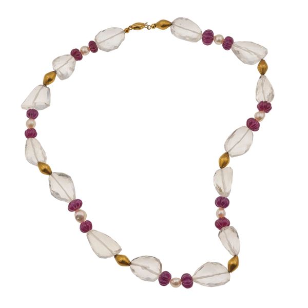 Rock crystal, carved ruby, cultured pearl and gold necklace