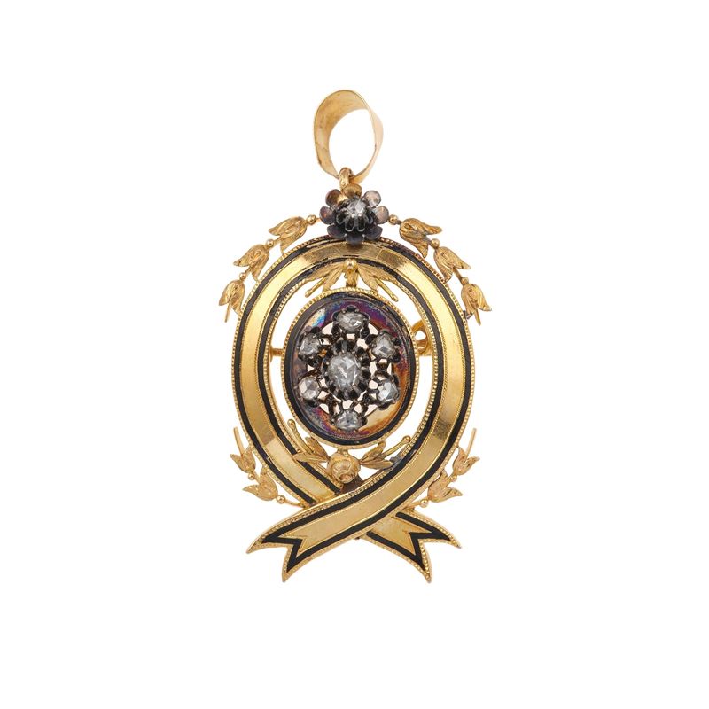 Enamel, rose-cut diamond, gold and silver pendant/brooch  - Auction Jewellery, silverware, furnishings, and objets d'art. A charitable bequest. - I - Cambi Casa d'Aste