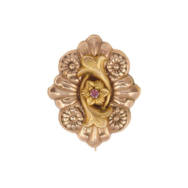 Ruby and low-karat gold brooch