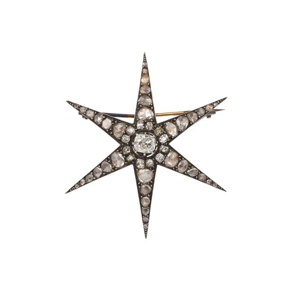 Old-cut diamond, silver and gold brooch