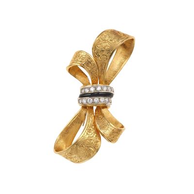 Spilla fiocco, onice e diamanti in oro giallo 750/1000