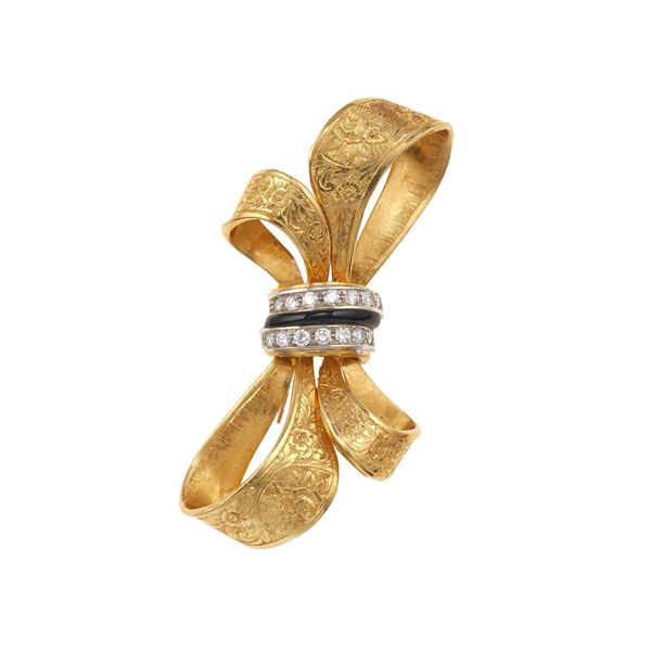 Onyx, diamond and gold bow brooch