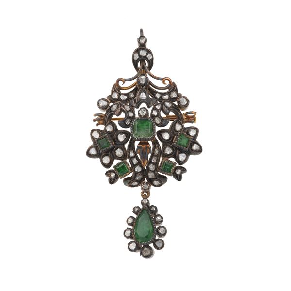 Rose-cut diamond, emerald, silver and low-karat gold brooch