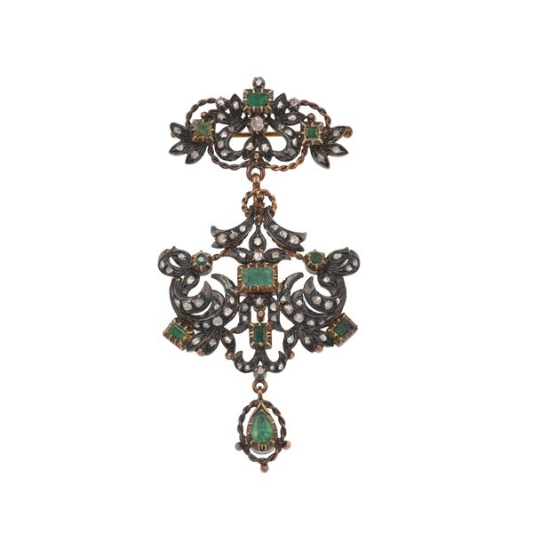 Rose-cut diamond, emerald, silver and low-karat gold brooch