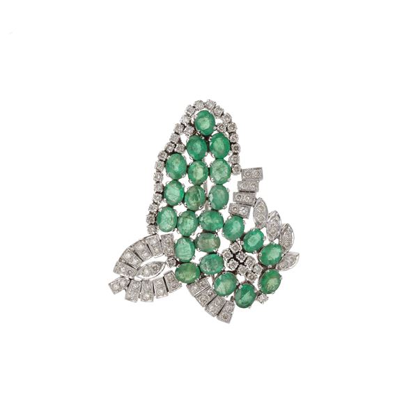 Emerald, diamond and gold brooch