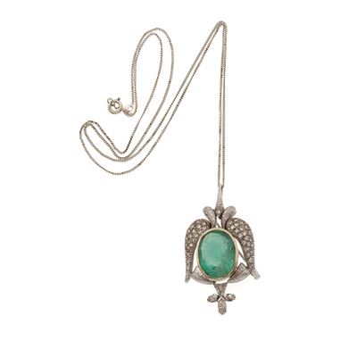 Pendente/spilla con smeraldo (Colombia) e diamanti, montatura in oro bianco 750/1000 con catenina...