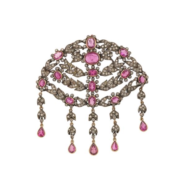 Ruby, diamond, low-karat gold and silver pendant. Damages