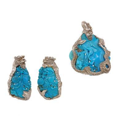 Demi-parure con orecchini e pendente in pasta di turchese, montature in argento 925