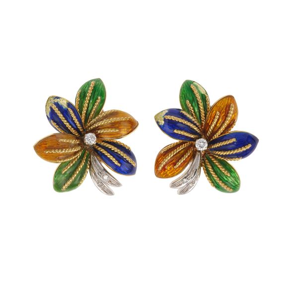 Pair of enamel, diamond and gold earrings