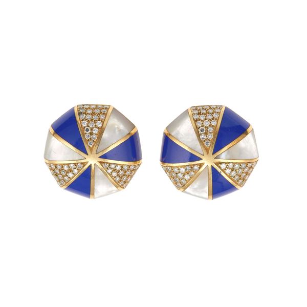 Pair of diamond, mother-of-pearl, enamel and gold earrings