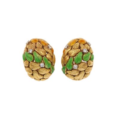 Orecchini, montatura in oro giallo 750/1000 con smalti policromi e piccoli diamanti