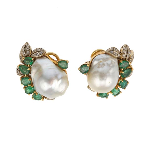 Pair of baroque pearl, diamond, emerald and gold earings