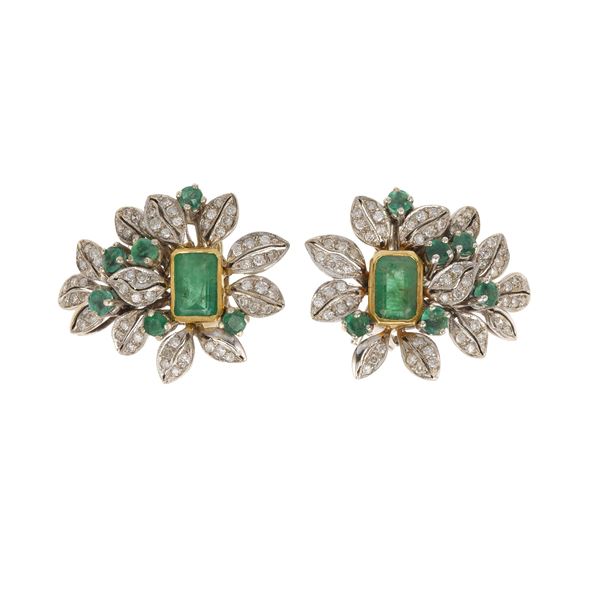 Pair of emerald, diamond and gold earrings