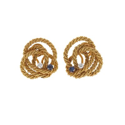 Orecchini, montatura in oro giallo 750/1000 con diamante e zaffiro